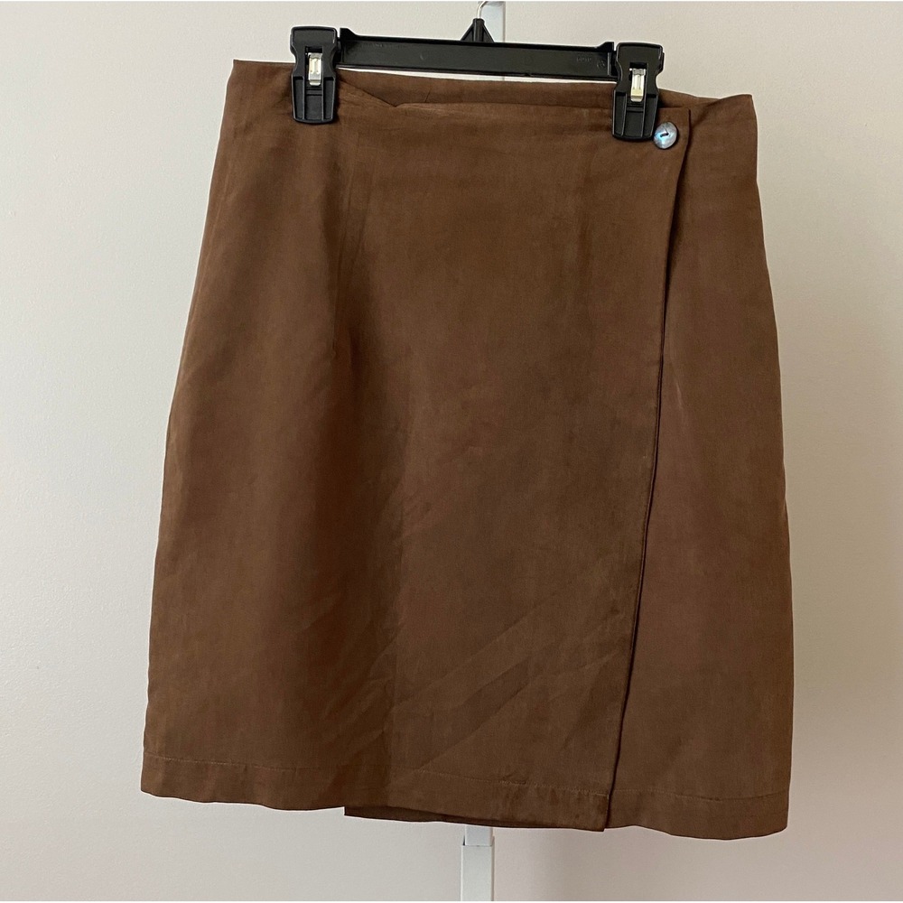VTG Clio 4 Brown 100% Silk Wrap Mini Skirt Faux Suede 70s boho Western mocha